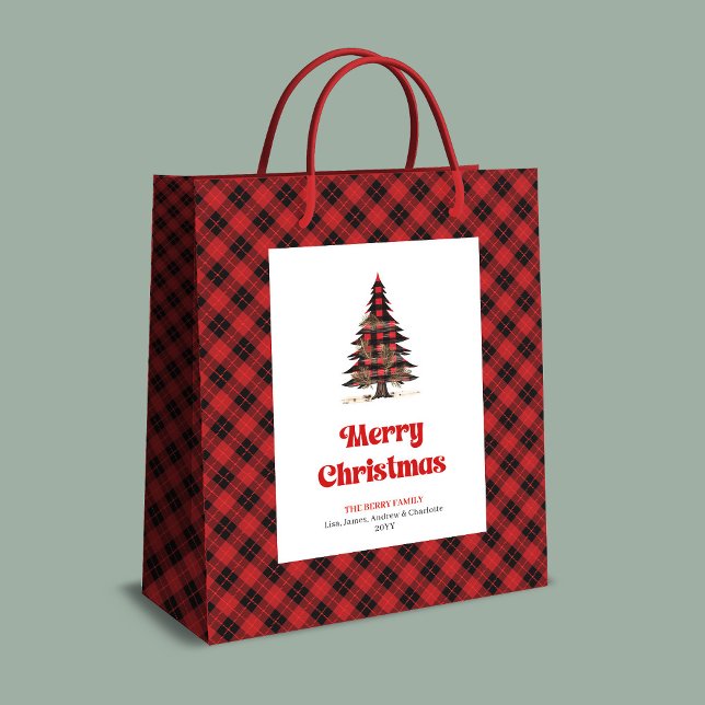 Cozy buffalo plaid Christmas gift bag personalized Mittlere Geschenktüte (Cozy buffalo plaid Christmas gift bag personalized)