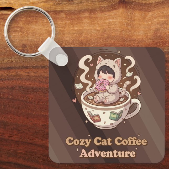 Cozy Cat Coffee Adventure Art Schlüsselanhänger (Vorderseite)