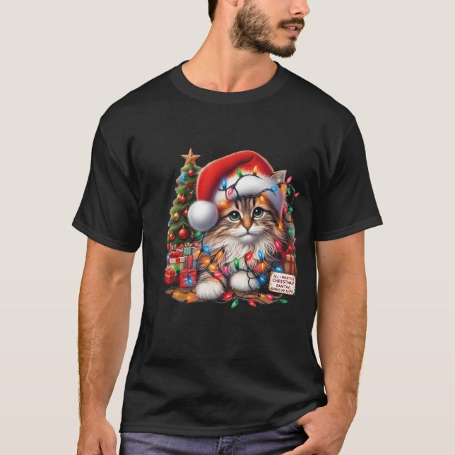 Cozy Cat in Christmas Lights, Santa Hat  T-Shirt (Vorderseite)