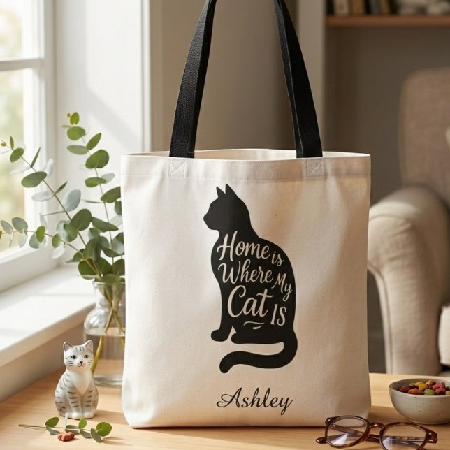 Cozy Cat Lover – Home is Where My Cat Is (Personalized cat tote bag)