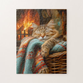 Cozy Cat Sleeping in Basket by Warm Fireplace Puzzle