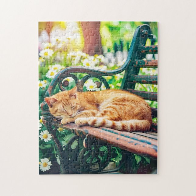 Cozy Cat Sleeping in Garden on Bench Puzzle (Vertikal)