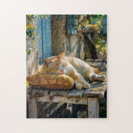 Cozy Cat Sleeping in Garden on Bench Puzzle