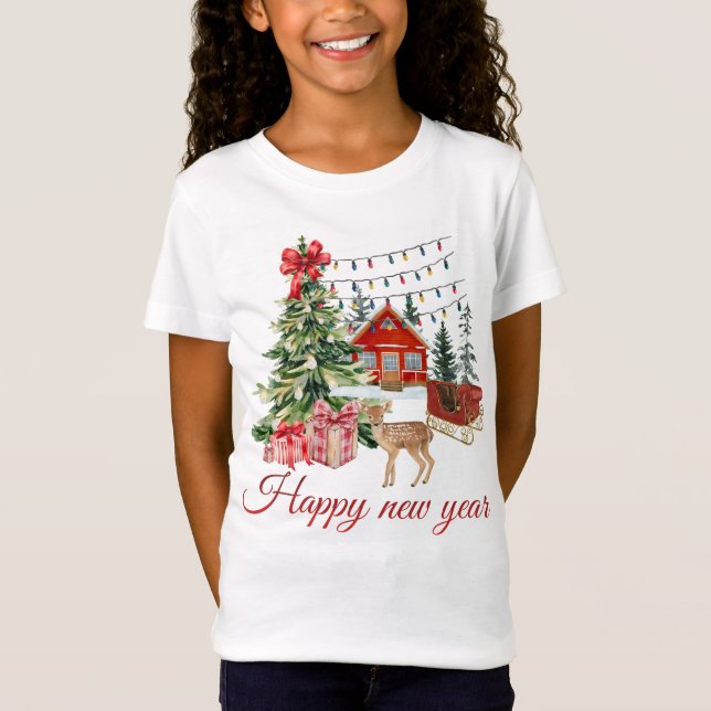 🎄 Cozy Christmas Cabin & Deer | Happy New Year Wa T-Shirt (Vorderseite)