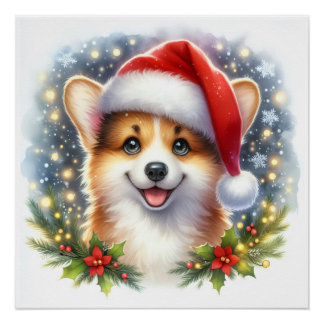 Cozy Christmas corgi Festive Holiday Wall Art Poster