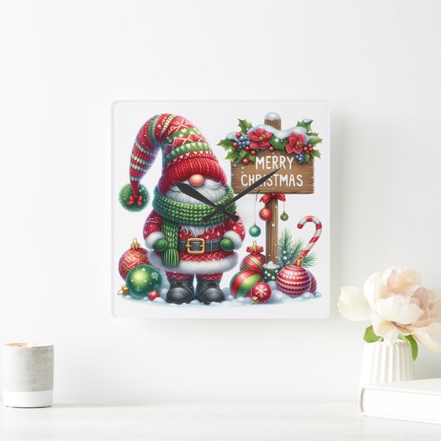 Cozy Christmas Gnome Art – Festive Holiday Quadratische Wanduhr (Zuhause)