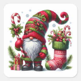 Cozy Christmas Gnome Art – Festive Holiday Quadratischer Aufkleber