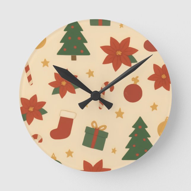 Cozy Christmas Pattern with Gifts and Trees Runde Wanduhr (Vorderseite)