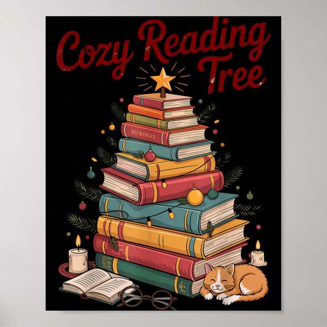 Cozy Christmas Reading Tree Cat Candle Stack Booki Poster (Vorne)