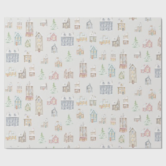 Cozy Christmas Winter Homes Wrapping Paper Geschenkpapier (Flach)