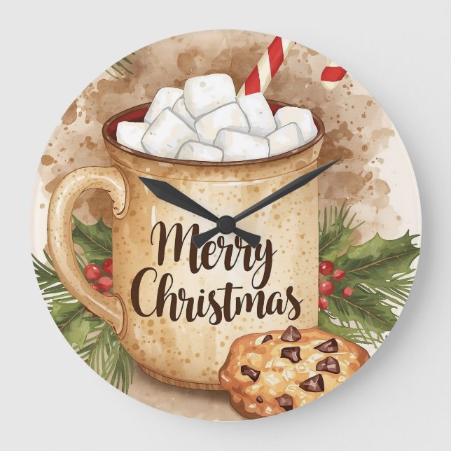 Cozy cocoa merry christmas holly cookie festive große wanduhr (Vorderseite)