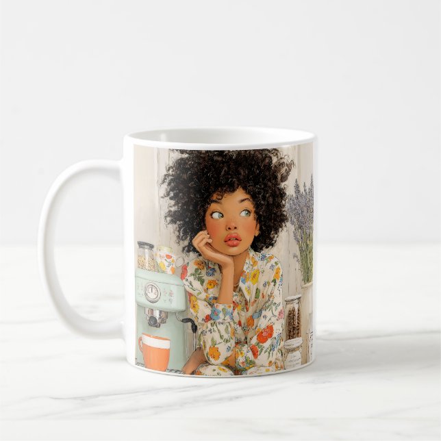 Cozy Coffee Morning Girl Mug – AI Art Kaffeetasse (Links)