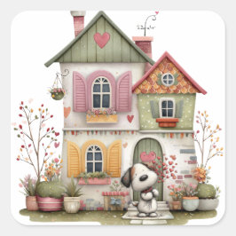 Cozy Cottage and Puppy Quadratischer Aufkleber