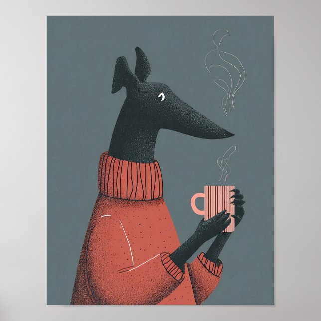 Cozy Dog Poster – Stylized Greyhound with Mug (Vorne)