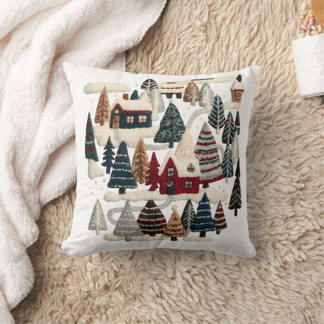 Cozy Embroidered Winter Village Pillow Kissen (Decke)