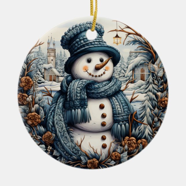 Cozy Embroidery Snowman Christmas – Holiday  Keramik Ornament (Vorne)