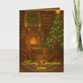 Cozy Fire with Bears Custom Christmas Karte