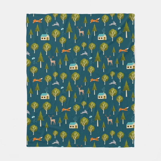 Cozy Forest Cabin and Animals Fleece Blanket (Vorderseite)
