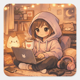 Cozy Gamer Introvert Aesthetic Hoodie Girl Gaming  Quadratischer Aufkleber
