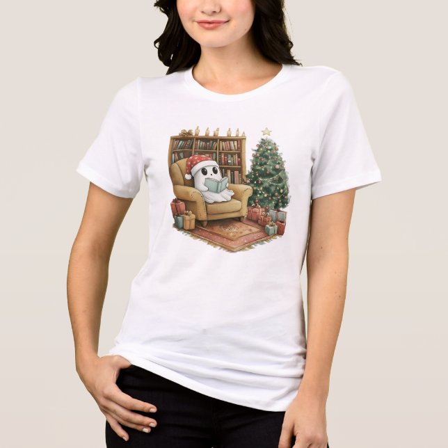 Cozy Ghost Reading Christmas Cute Holiday Gift Tri-Blend Shirt (Vorderseite)