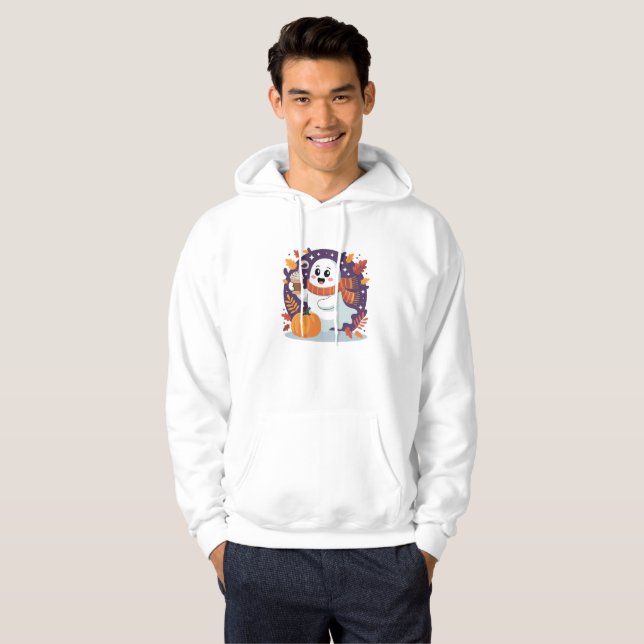 Cozy Ghost with Pumpkin Latte – Fall Halloween Hoodie (Vorne ganz)