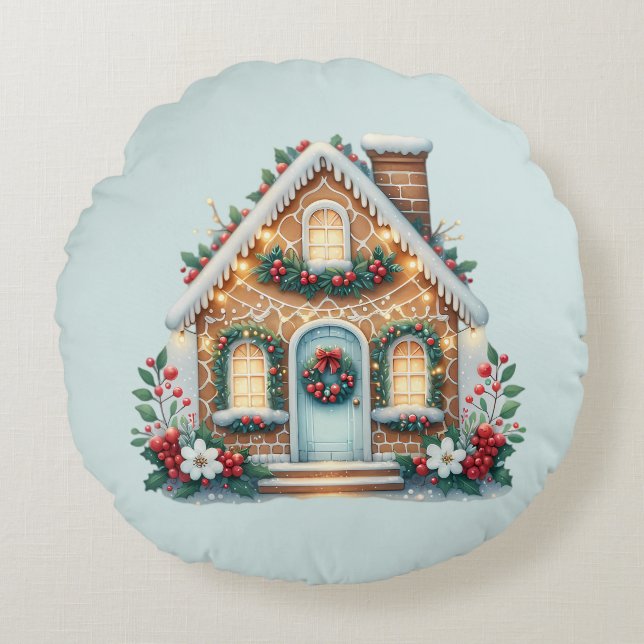 Cozy Gingerbread House Holiday Illustration Rundes Kissen (Vorderseite)