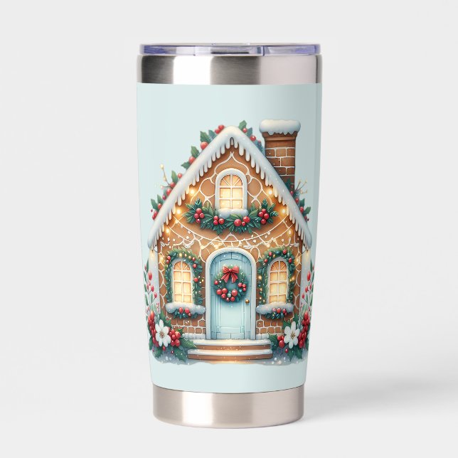 Cozy Gingerbread House Holiday Illustration Thermobecher (Vorderseite)