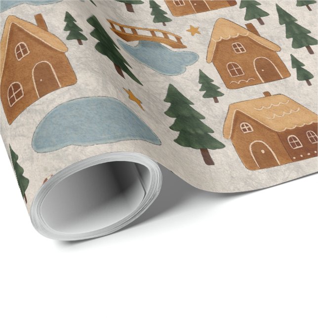 Cozy Gingerbread Village Wrapping Paper Geschenkpapier (Rolleneckpunkt)