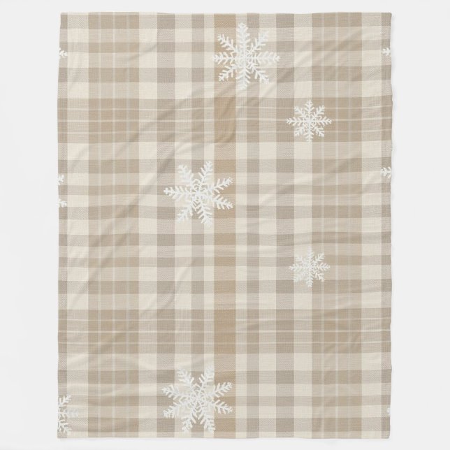 Cozy Gingham Snowflake Blanket – Beige & Taupe Fleecedecke (Vorderseite)