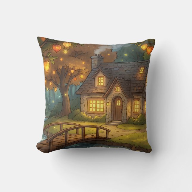 Cozy Glowing Cottage Forest Throw Pillow Kissen (Vorderseite)