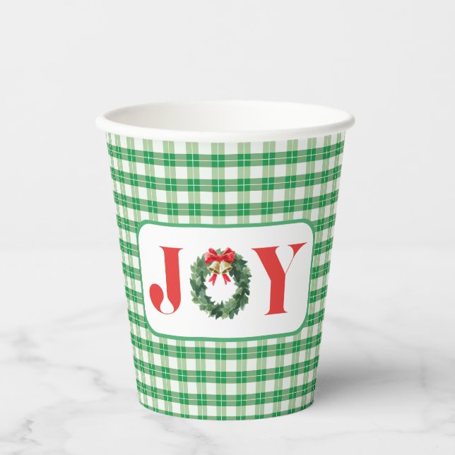 Cozy Green Plaid Christmas Joy Pappbecher (Vorderseite)