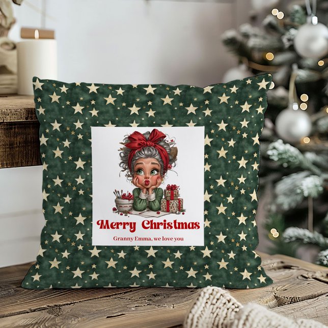 Cozy Holiday Grandma Pillow Funny Cartoon Style Kissen (Whimsical Christmas Grandma Art Festive Pillow)