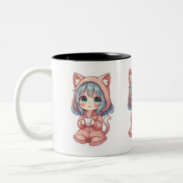 Cozy Kawaii Anime Girl with Cat Hoodie – Hot Drink Zweifarbige Tasse (Links)