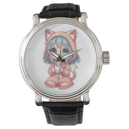 Cozy Kawaii Anime Mädchen mit Katzenpullover – Hei Armbanduhr