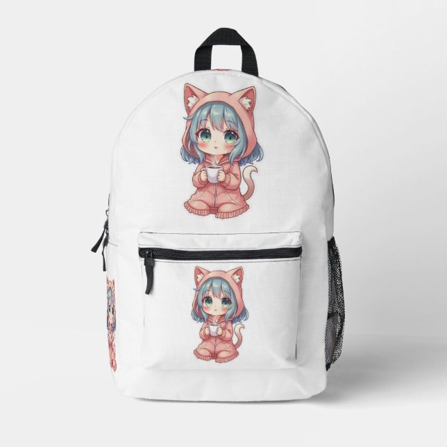 Cozy Kawaii Anime Mädchen mit Katzenpullover – Hei Bedruckter Rucksack (Vorderseite)