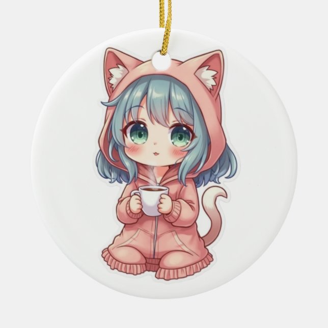 Cozy Kawaii Anime Mädchen mit Katzenpullover – Hei Keramik Ornament (Vorne)