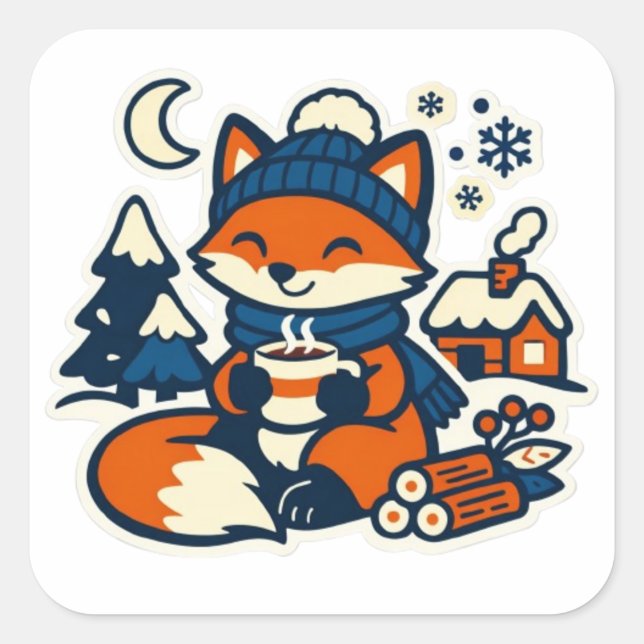 Cozy Kawaii Fox Drinking Cocoa in the Snow Quadratischer Aufkleber (Vorderseite)