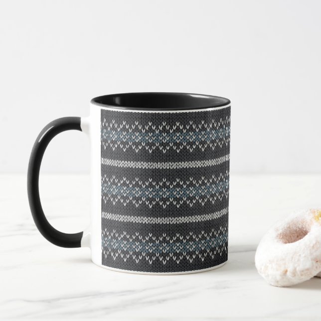 Cozy Knitted Pattern Black and Gray Mug Tasse (Mit Donut)