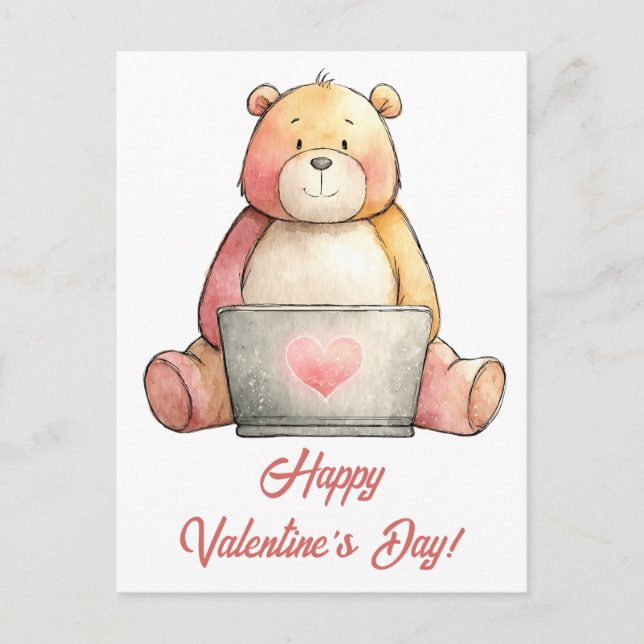 Cozy Laptop Bär Valentinstag Postkarte (Vorderseite)