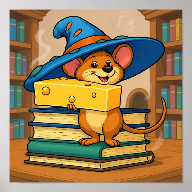 Cozy Library Scene: Humorous Mirthful Mouse Poster (Vorne)