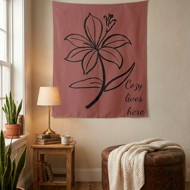 Cozy Lives Here | Warm Minimalist Botanical Wall T Wandteppich (Von Creator hochgeladen)