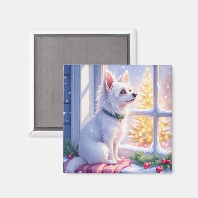 Cozy Maltese by Snowy Window Christmas Dog Art Magnet (Vorderseite/Rückseite)