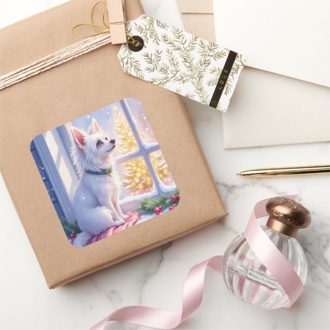 Cozy Maltese by Snowy Window Christmas Dog Art Quadratischer Aufkleber (Schenken)