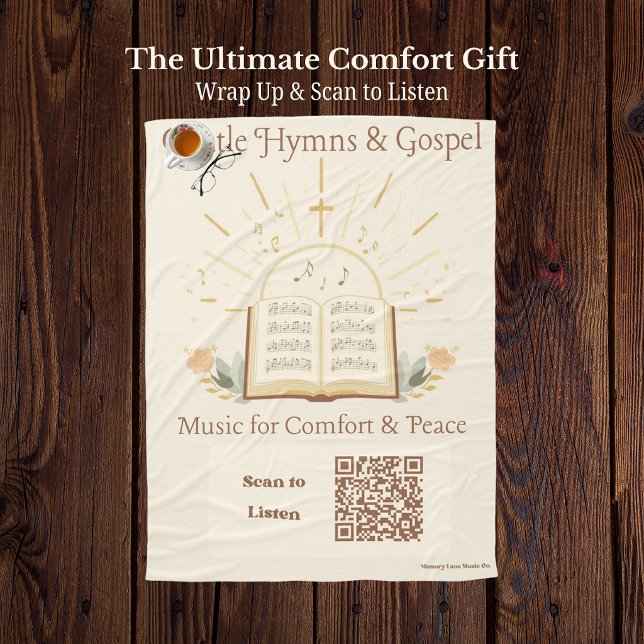 Cozy Music Therapy QR-Code-Decke - Klassische Hymn Fleecedecke (Senior sensory blanket featuring a vintage hymn book and a scannable QR code for classic hymns.)
