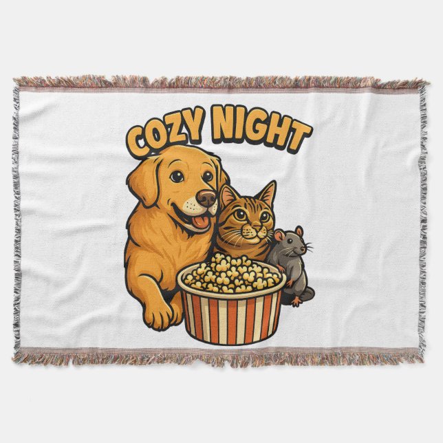 Cozy Night Movie Time – Cute Dog,Cat,Mouse Popcorn Decke (Vorderseite)