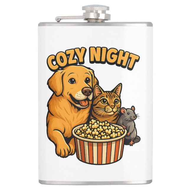 Cozy Night Movie Time – Cute Dog,Cat,Mouse Popcorn Flachmann (Vorderseite)