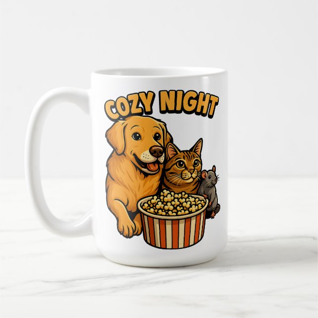 Cozy Night Movie Time – Cute Dog,Cat,Mouse Popcorn Kaffeetasse (Links)