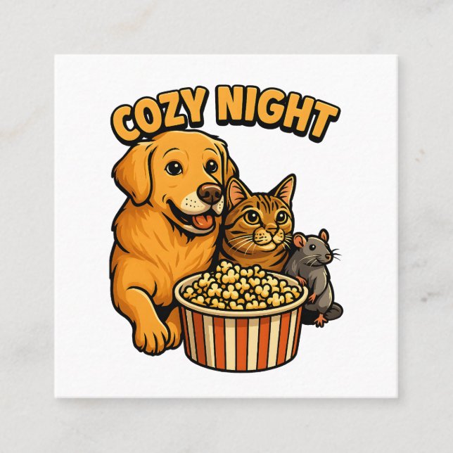 Cozy Night Movie Time – Cute Dog,Cat,Mouse Popcorn Quadratische Visitenkarte (Vorderseite)