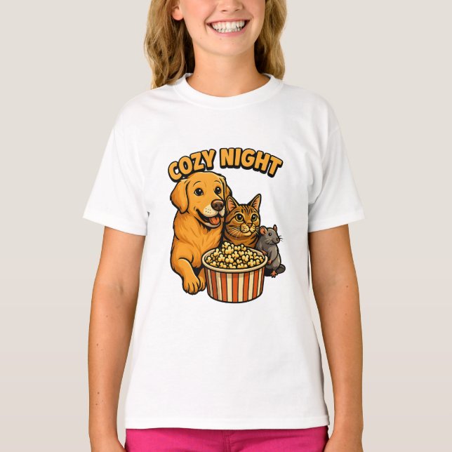 Cozy Night Movie Time – Cute Dog,Cat,Mouse Popcorn T-Shirt (Vorderseite)