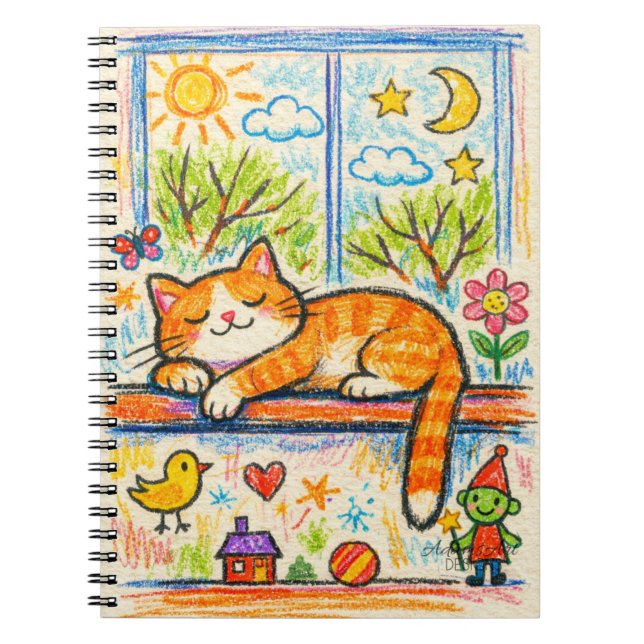 Cozy Orange Cat on Windowsill Whimsical Crayon Art Notizblock (Vorderseite)